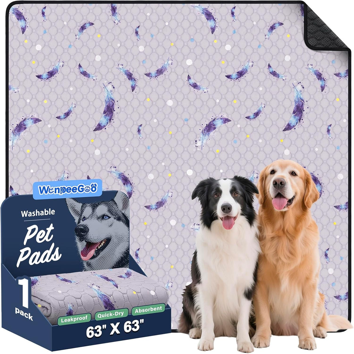 Washable Dog Pee Pads, Non-Slip Waterproof, 36 x 41 in, 2 Pack, Feather | Super absorbent, waterproof and non-slip; washable, reusable dog pads for crates, playpens, floors, furniture and travel