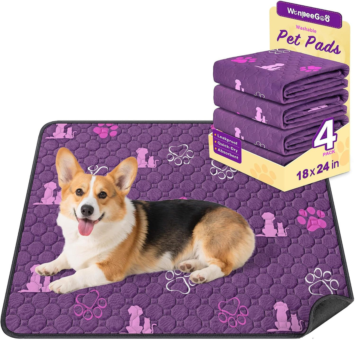 WanpeeGoo Washable Pee Pads for Dogs, Waterproof, 18 x 24 in, 4 Pack, Gray | Super Absorbent, Waterproof and Non-Slip; Washable, Reusable Dog Pads for Crates, Playpens, Floors, Furniture and Travel