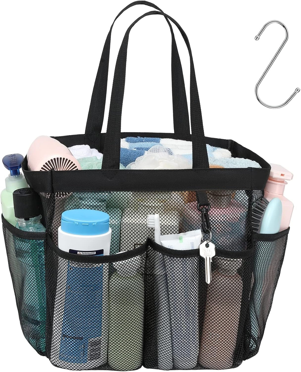 Mesh Shower Caddy Portable - 8 Pockets, S-Hook, Shower Bag for Dorm Camping