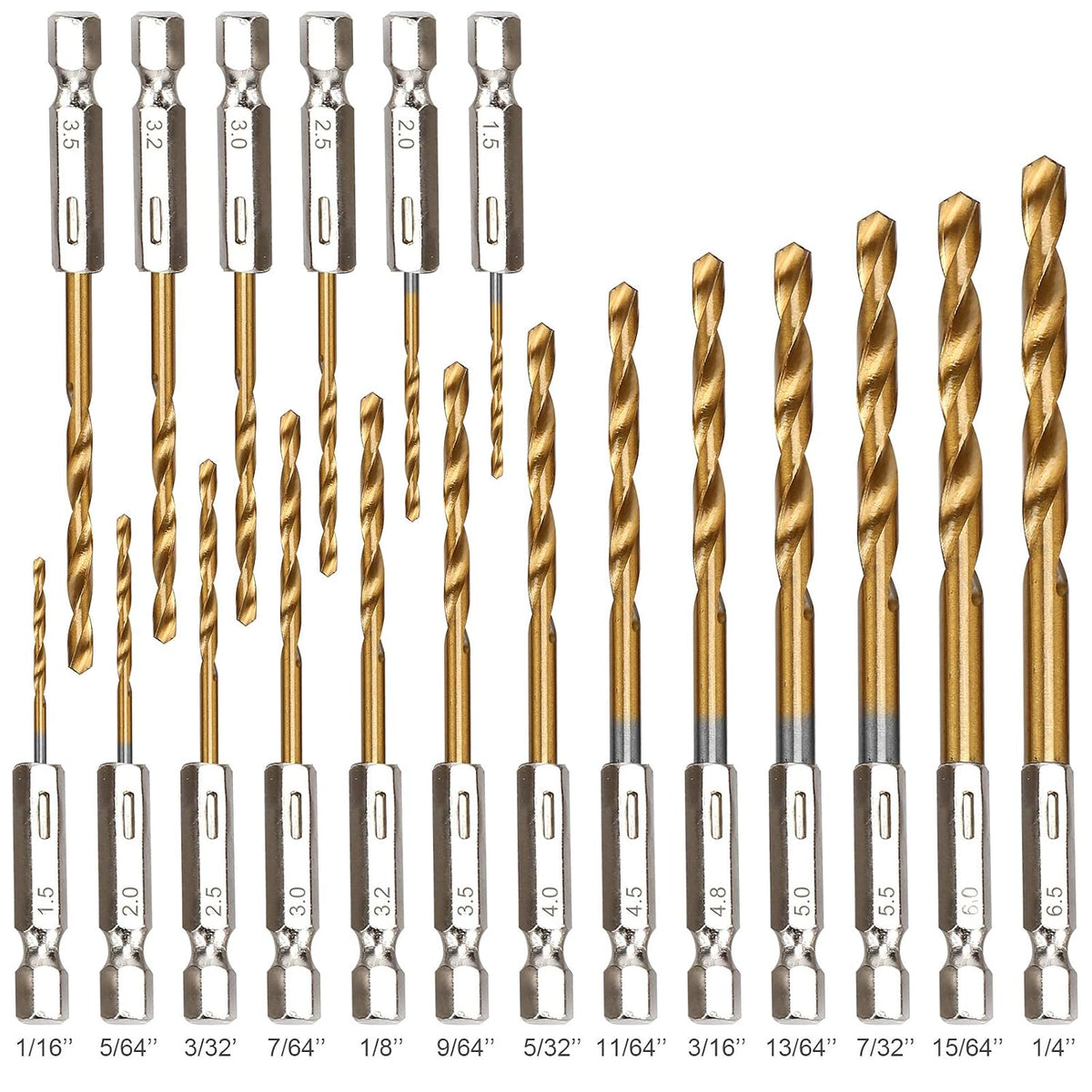 19 Pcs HSS Titanium Twist Drill Bit Set - 1/16"-1/4" Hex Shank Quick Change
