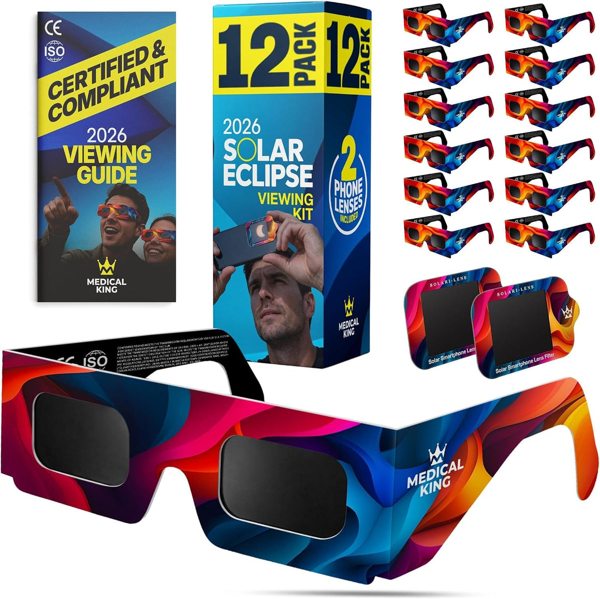 Medical king Solar Eclipse Glasses 12 pk – ISO 12312-2 and CE Certified Glasses For Safe View Solar Eclipse 2026 – The Eclipse August 12, 2026