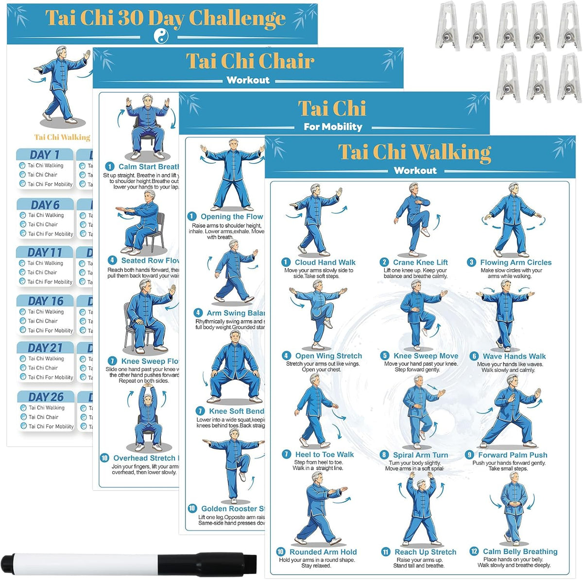 Tai Chi Workout Chart Poster Set for Seniors&Beginners,Purple,11.8X8.3inch