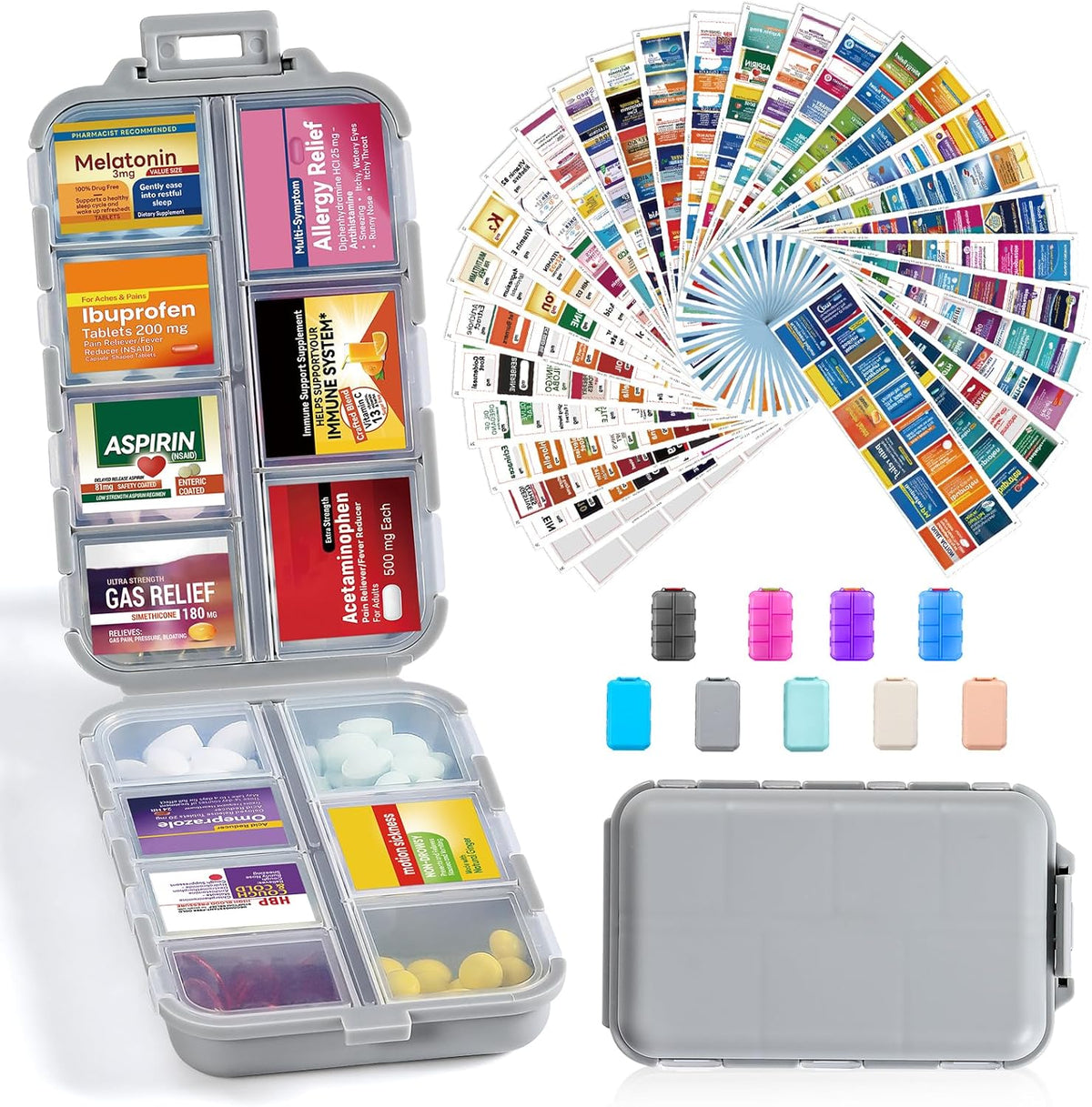 LANDNEOO 14 Grids Pill Organizer Box with Labels, Travel Medication Holder Dispenser Case Kit, Pocket Daily Pharmacy Container for Fish Oil Vitamin Supplement Storage, Khaki Pink Grey, 3 Pack