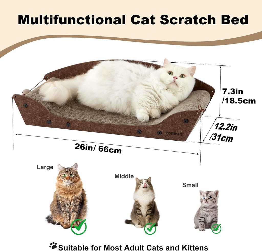 ZOMISIA 26'' Cardboard Cat Scratcher Bed - Large Scratcher Couch for Indoor Cats, Orthopedic Scratching Board, Lounger Scratching Couch with Bells
