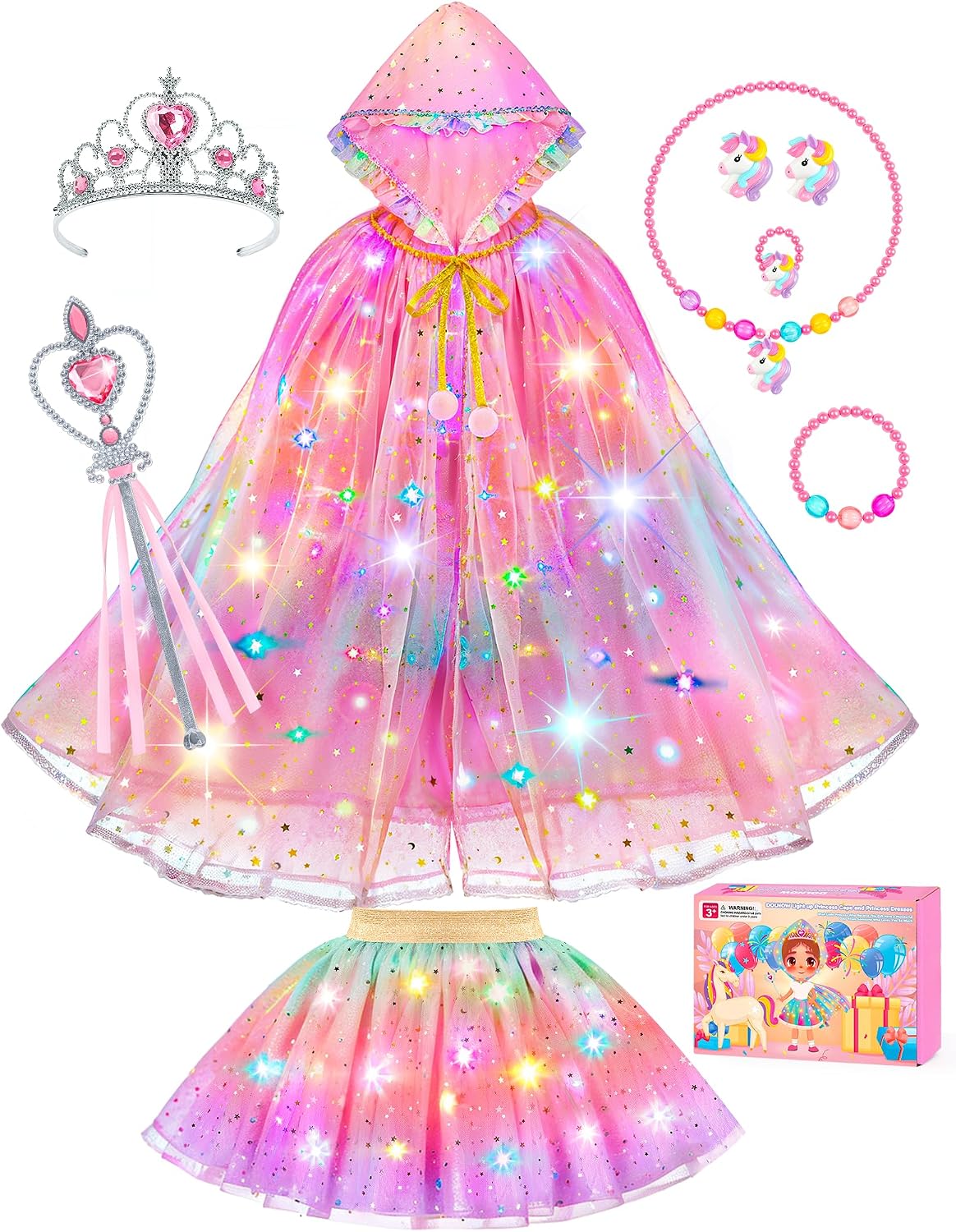 Princess Dress Up for Girls, Unicorn Light up Princess Cape Princess Dress