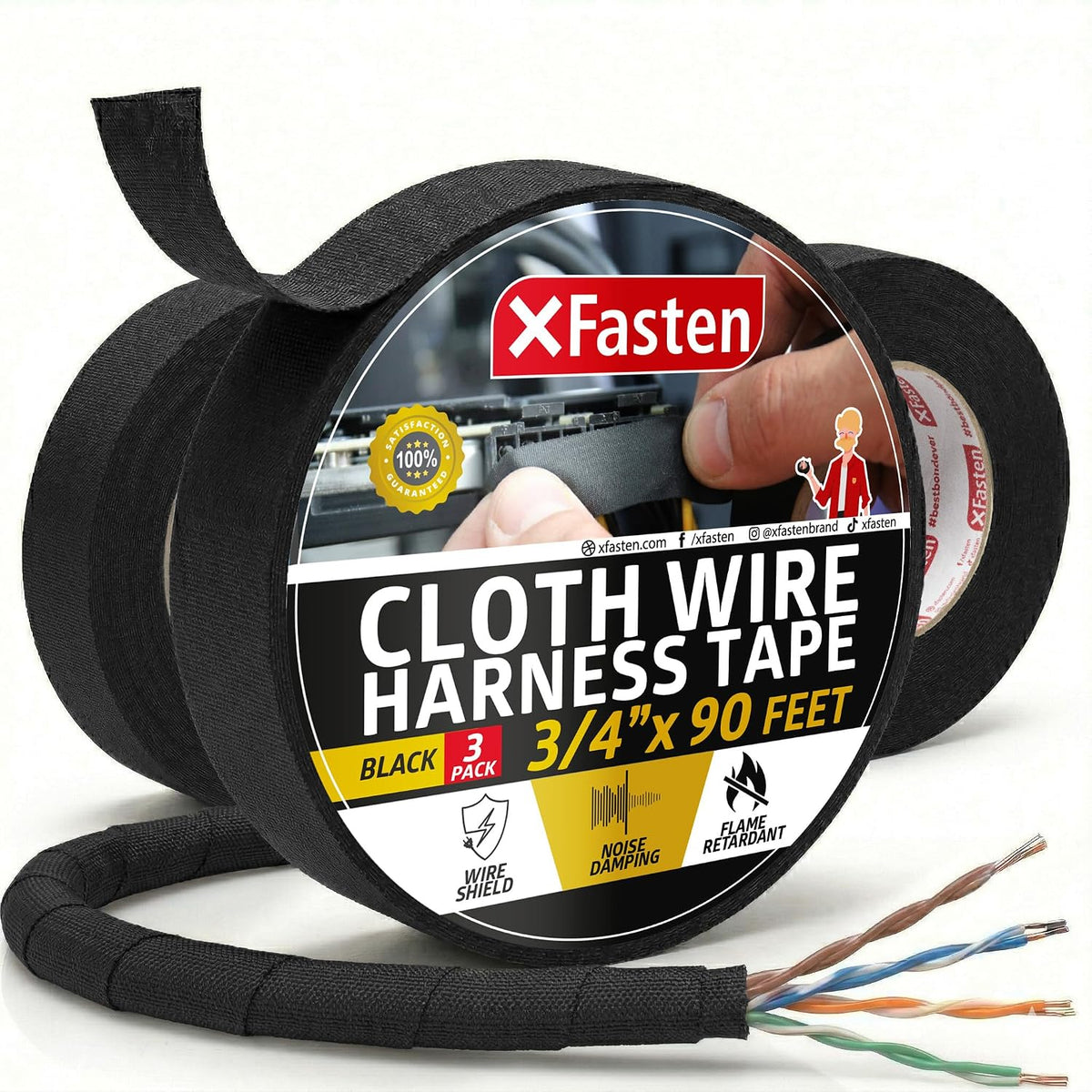 XFasten Wire Harness Tape, 3/4-Inch x 50-Foot (5-Pack), High Temp Wiring Loom Harness, Self-Adhesive Felt Cloth Electrical Tape for Automotive Engines, Noise Dampening, and Cable Protection