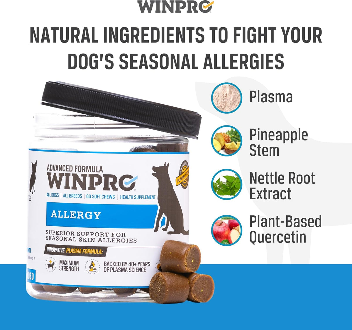 WINPRO Allergy Chews – Plasma-Powered Formula for Dog Seasonal Allergy Support – Grain-Free Natural Blood Protein Supplements – 60 Soft Chews (1 Canister)