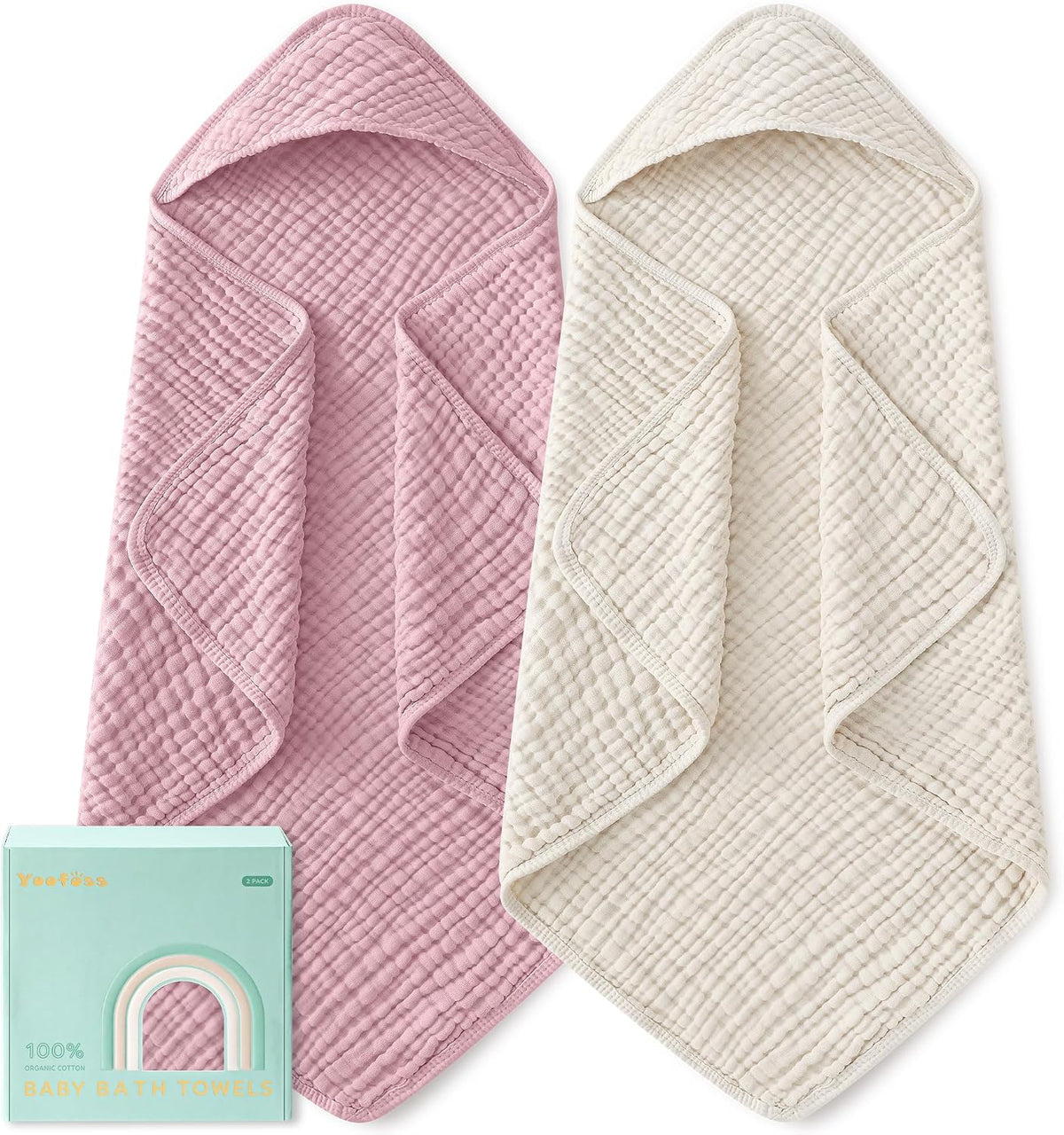Yoofoss Hooded Baby Bath Towels 2 Pack 100% Muslin Organic Cotton with Hood