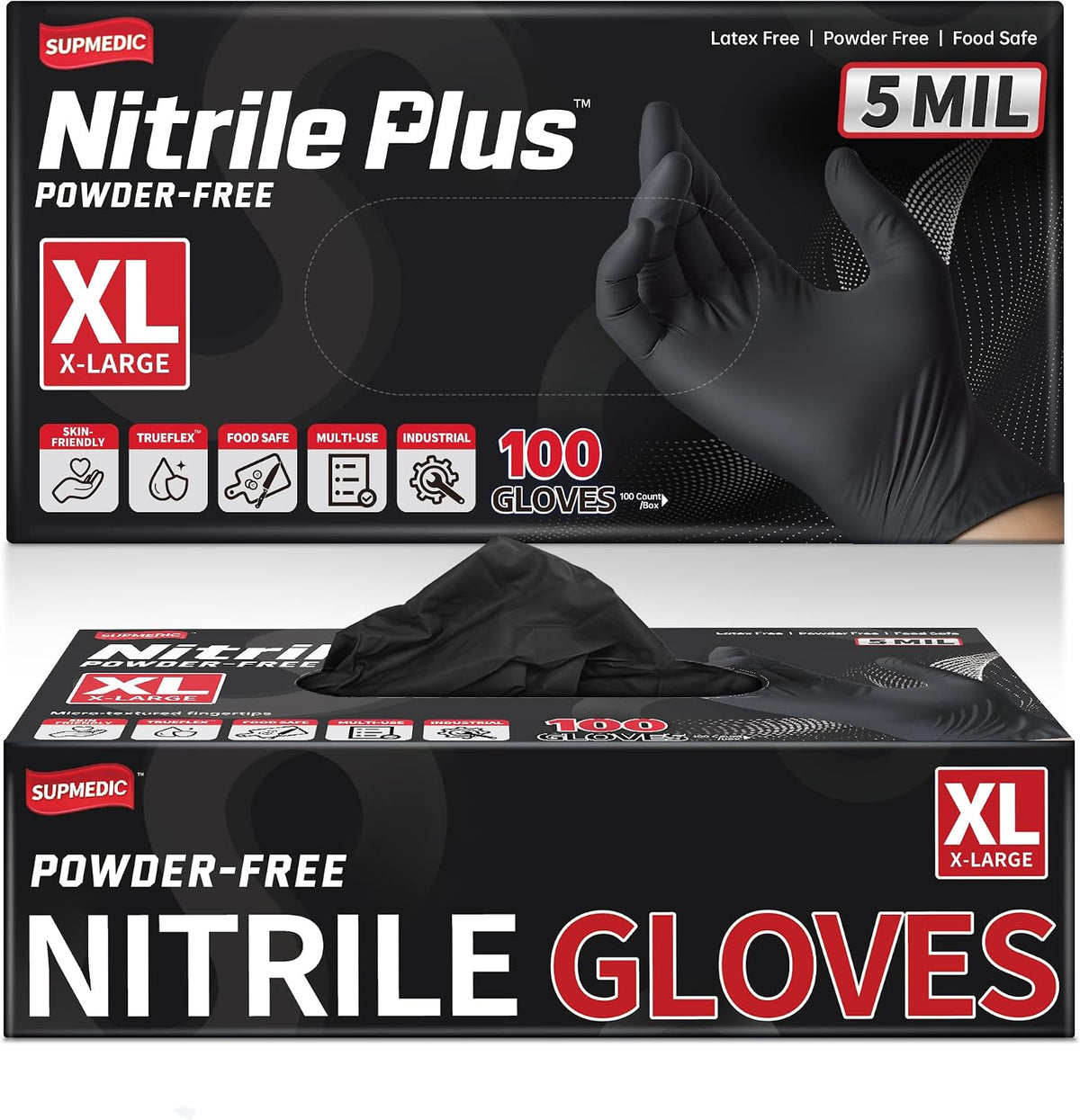 Supmedic Nitrile+ Disposable Gloves, 5 Mil Latex & Powder-Free Glove 100 Ct