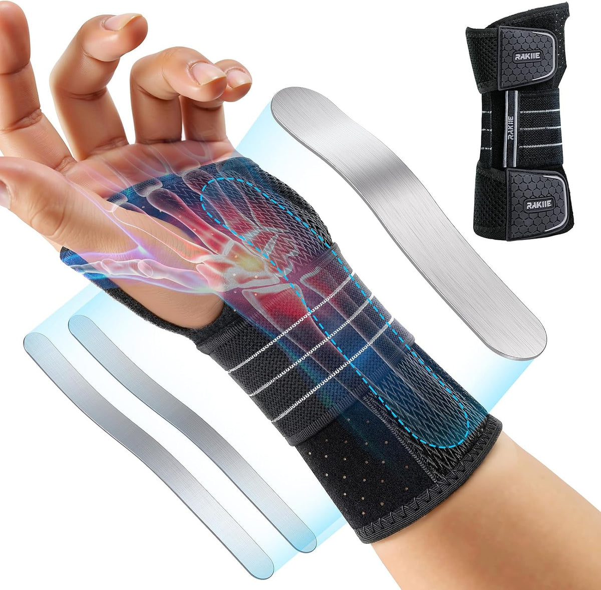 Rakiie Carpal Tunnel Wrist Brace Ergonomic Night Splint, Gray