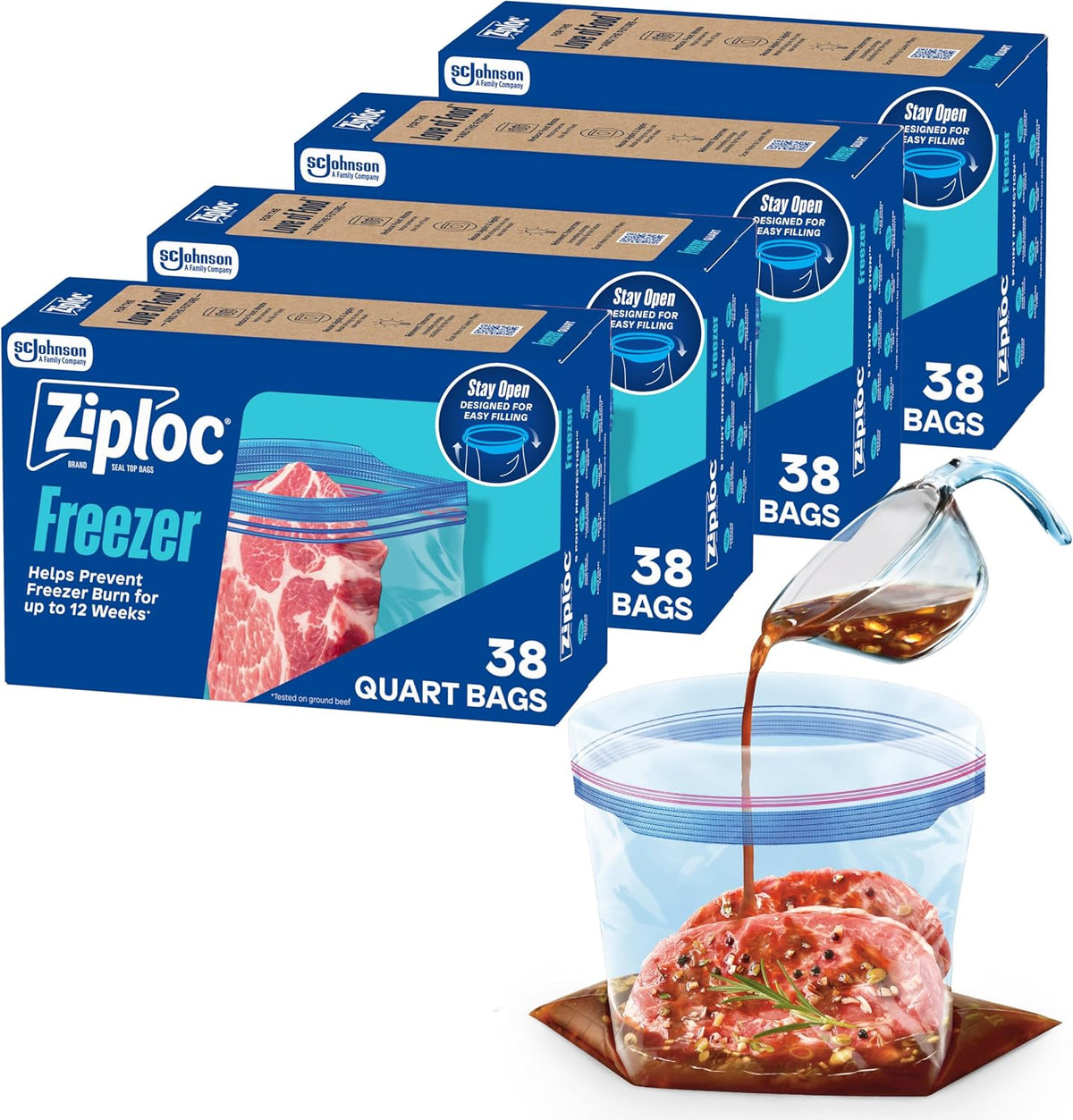 Ziploc Quart Freezer Bags, Food Storage, Stand-Up Bottom, 60 Count