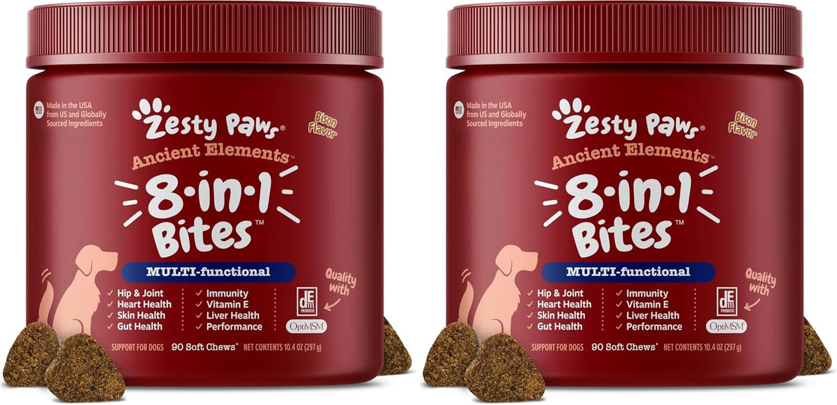 Zesty Paws Dog Multivitamin, Chewable Dog Vitamins and Supplements for Hip & Joints, Skin & Coat, Omega 3 Fish Oil for Dogs- Senior & Puppy Multivitamin- Chicken- 90ct