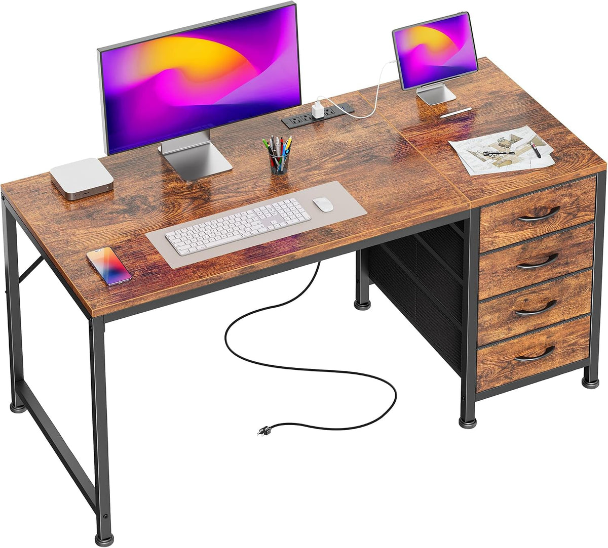 PRAISUN 55.1 Inch Computer Office Desk with Power Outelts and USB-C Port, Reversible Gaming Desk with 4 Fabric Drawers, Work Study Desk Work from Home, Rustic Brown