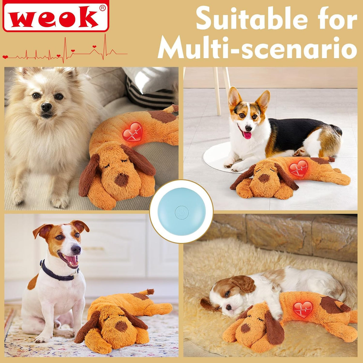 WEOK Heartbeat Puppy Toy, Comfort Cuddler Pillow, Dog Anxiety Relief Calming Aid,Heartbeat Stuffed Toy for Dogs,Puppy Heartbeat Toy Sleep Aid,Dog Heartbeat Toy for Pet
