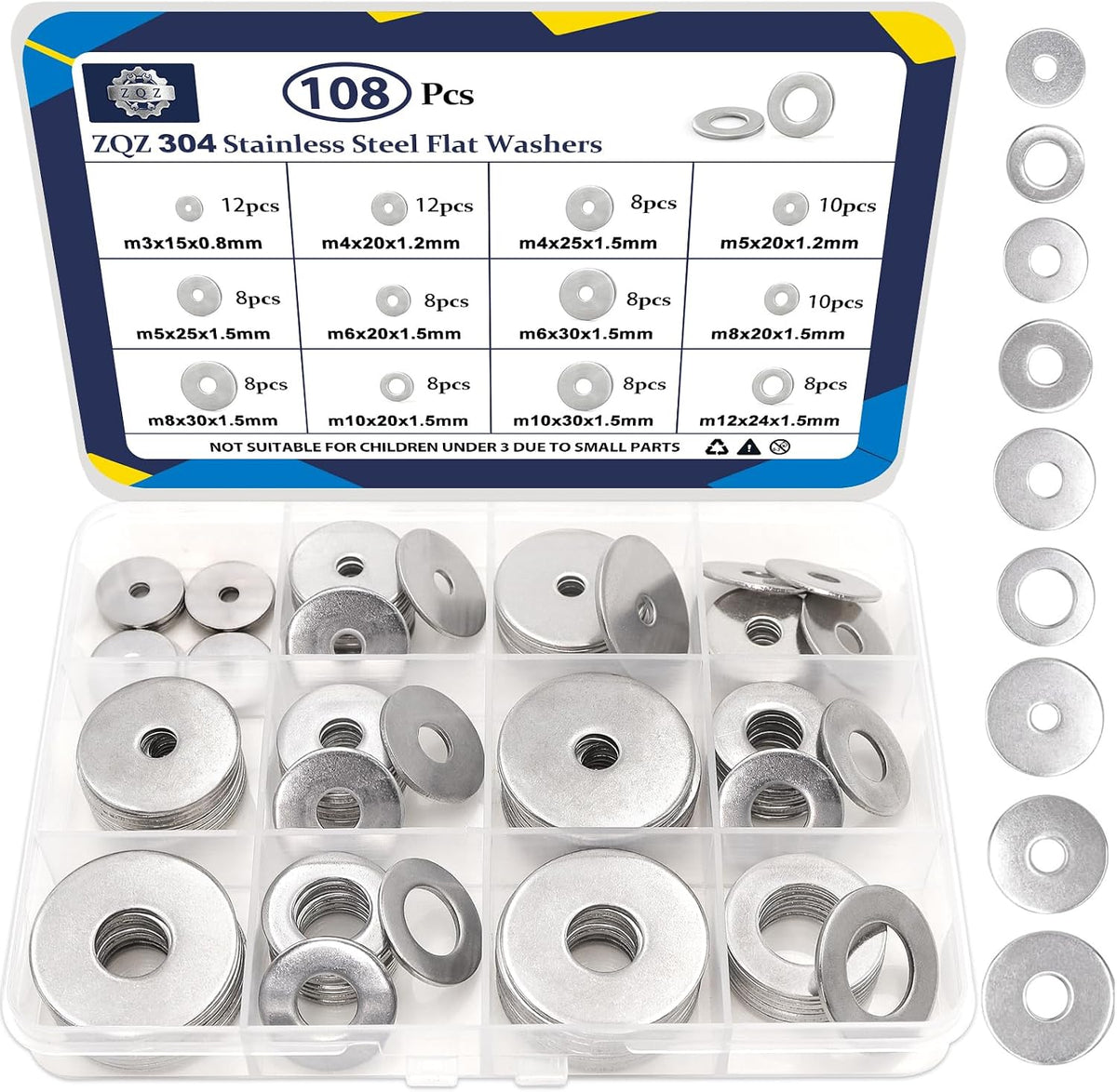 ZQZ 290Pcs Stainless Steel Flat Washers Assortment Kit;Fender Washer M3-M12