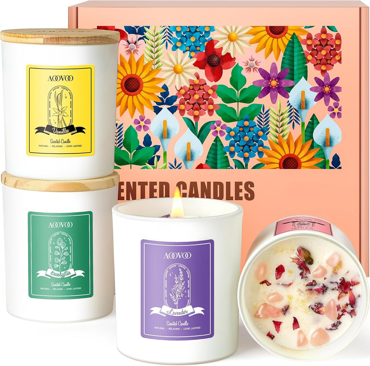 AOOVOO Lavender Scented Candles for Women - Aromatherapy Candle with Crystals Inside, 10oz Soy Candles for Home Scented, Birthday Gifts Mothers Day Candle for Women Mom
