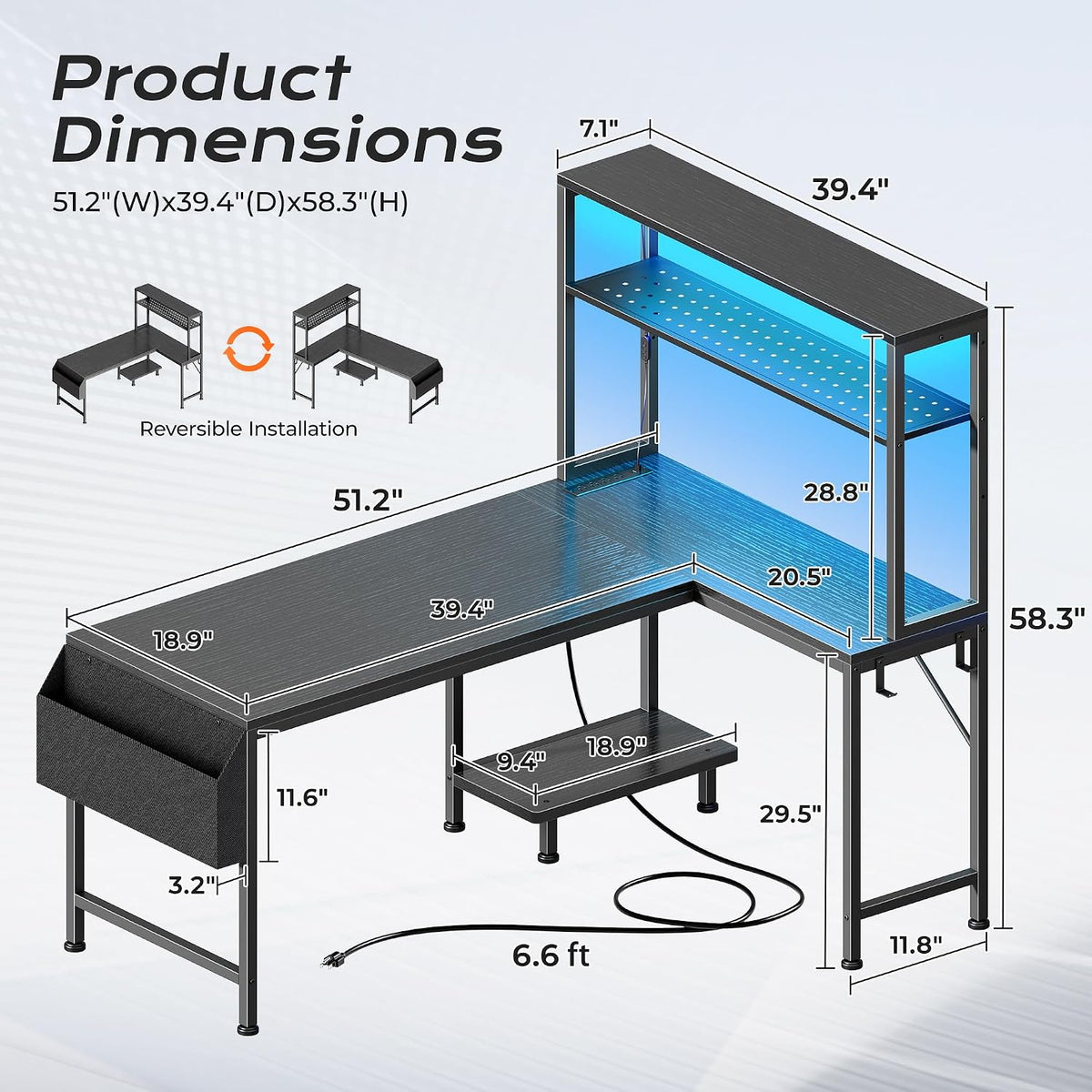 PRAISUN L Shaped Gaming Desk with LED Lights & Power Outlets