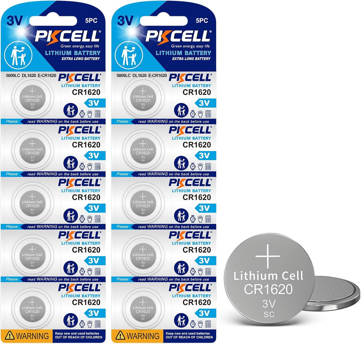 PKCELL 5 Pack CR1620 Battery CR1620 3V Lithium Battery