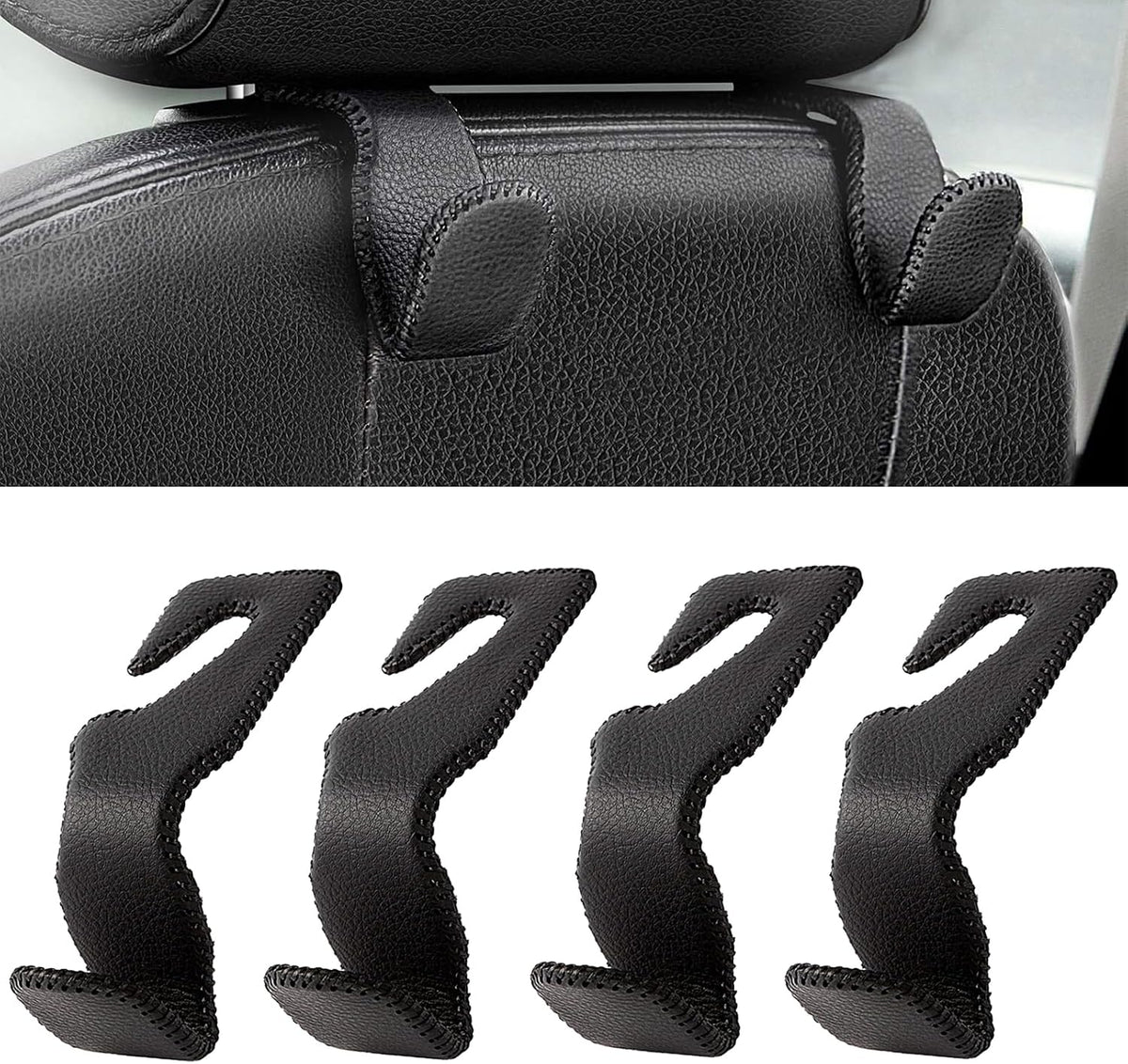 Headrest Hooks for Car, Back Seat Organizer Black Leather Hanger Holder Hook, for Hanging Purses and Bags and Coats, Pack of 2