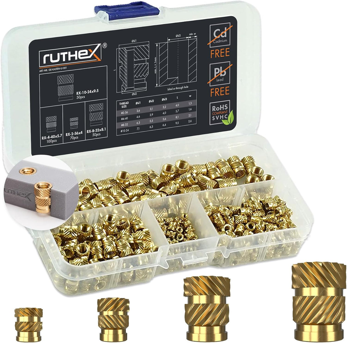 ruthex M3 Threaded Inserts - 100 Pieces RX-M3x5.7 Brass Heat Set Insert for Plastic Parts - Metric knurled Nuts - Insert by Heat into 3D Printing Components