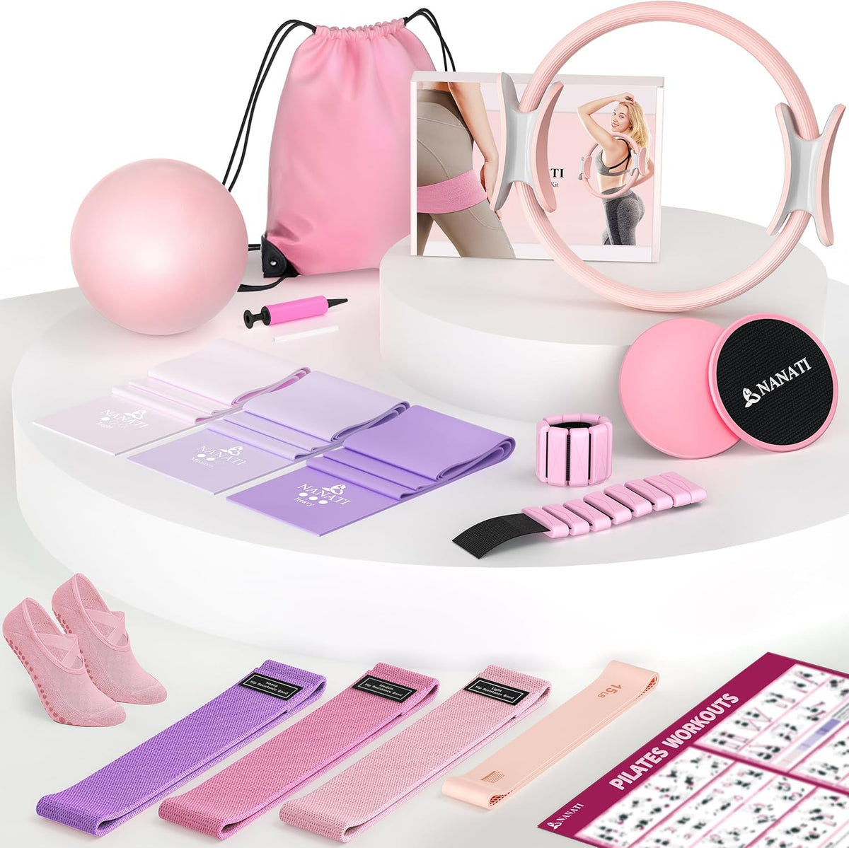 NANATI Pilates Kit, Home Pilates Workout Kit for Women, Pilates Equipment with 14.5"" Pilates Ring and Ball, Resistance Bands, Ankle Weights, Sliders & Grip Socks for Home Workouts