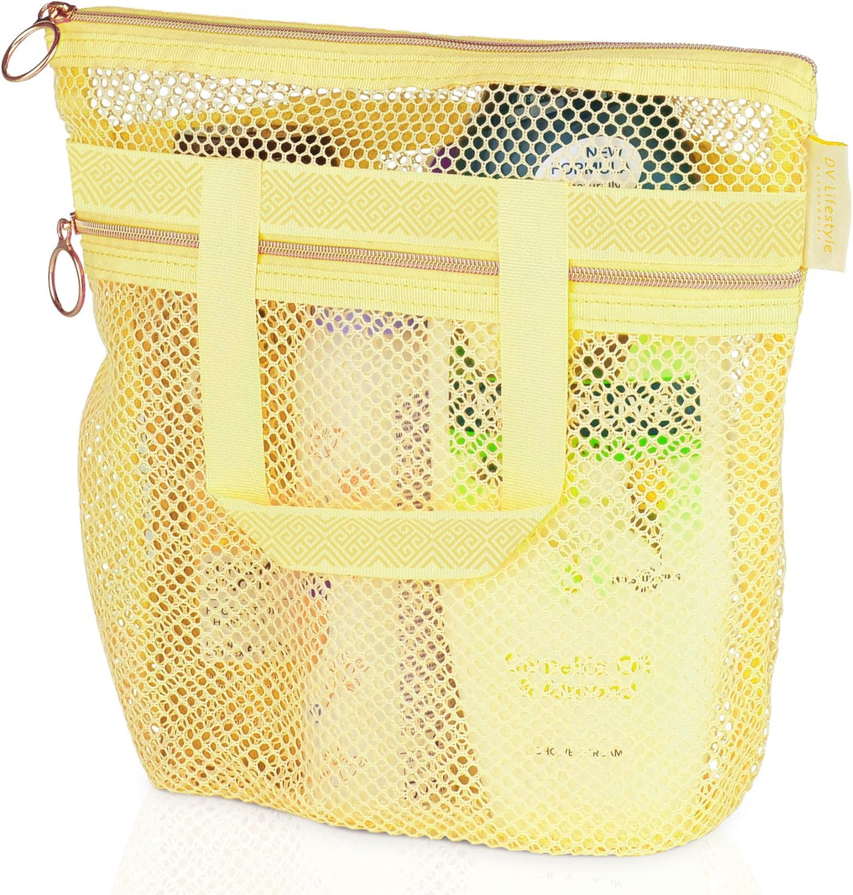 DV Lifestyle Mesh Shower Bag 10.2x9.9'' Quick-Dry Caddy with Zipper & 2 Pockets. Portable Toiletry Tote for Bathroom, Gym, Travel, Camp, Beach, for Sunscreen, Dorm & College Essentials (Black)