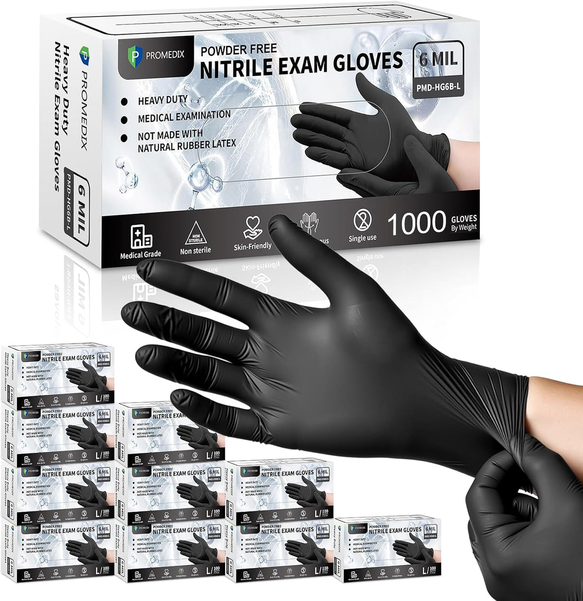 PROMEDIX P Black Disposable Nitrile Gloves, 6Mil 100 Pcs Food Safe Cooking Gloves Latex Free Rubber Gloves for Cleaning Exam
