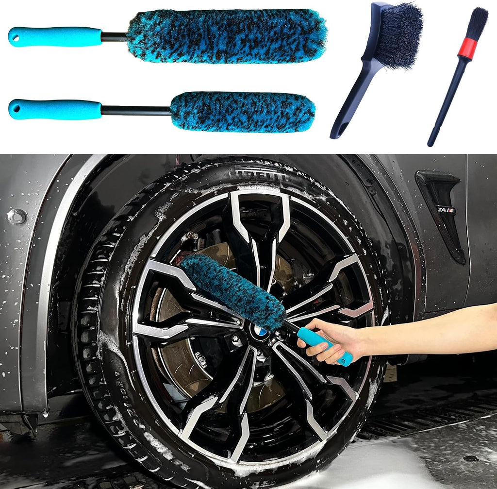oesee Professional 4 Pack Long Handle Wheel Brush Kit for Cleaning Wheel and Tire- 2X Soft Wheel Cleaning Brush, Detailing Brush and Stiff Tire Brush, Bendable& Durable Wheel Rim Cleaner Brush Set