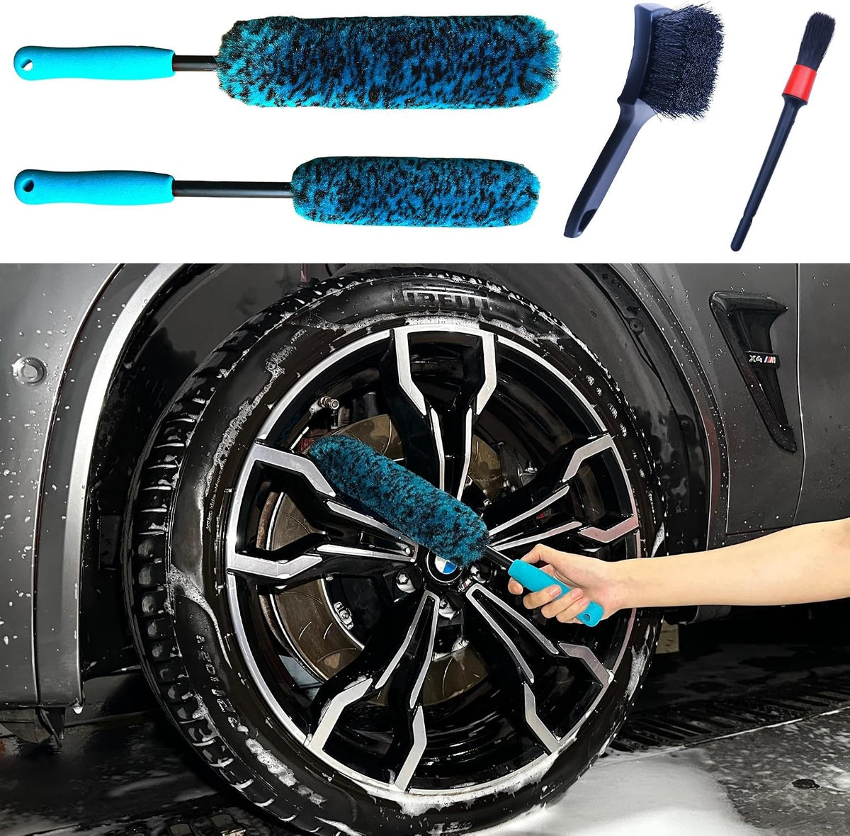 oesee Professional 4 Pack Long Handle Wheel Brush Kit for Cleaning Wheel and Tire- 2X Soft Wheel Cleaning Brush, Detailing Brush and Stiff Tire Brush, Bendable& Durable Wheel Rim Cleaner Brush Set