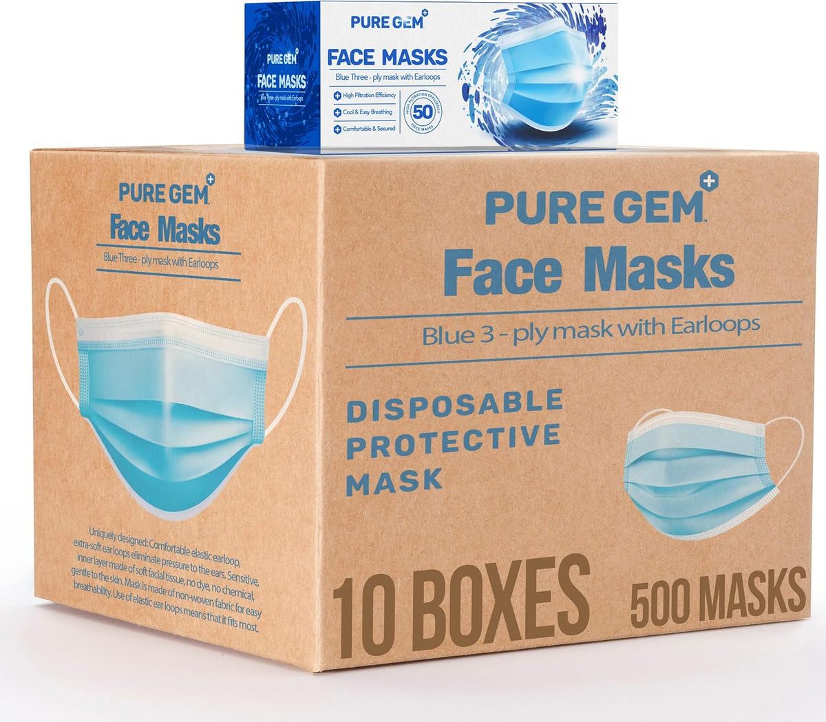 PURE GEM 150-Pack Blue Disposable Face Masks, 3-Ply, Nose Clip and Earloops
