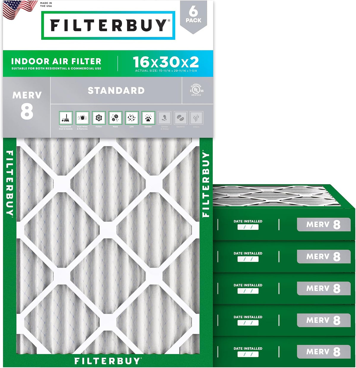 Filterbuy 16x25x1 Air Filter MERV 8 Dust & Allergy Defense (6-Pack)