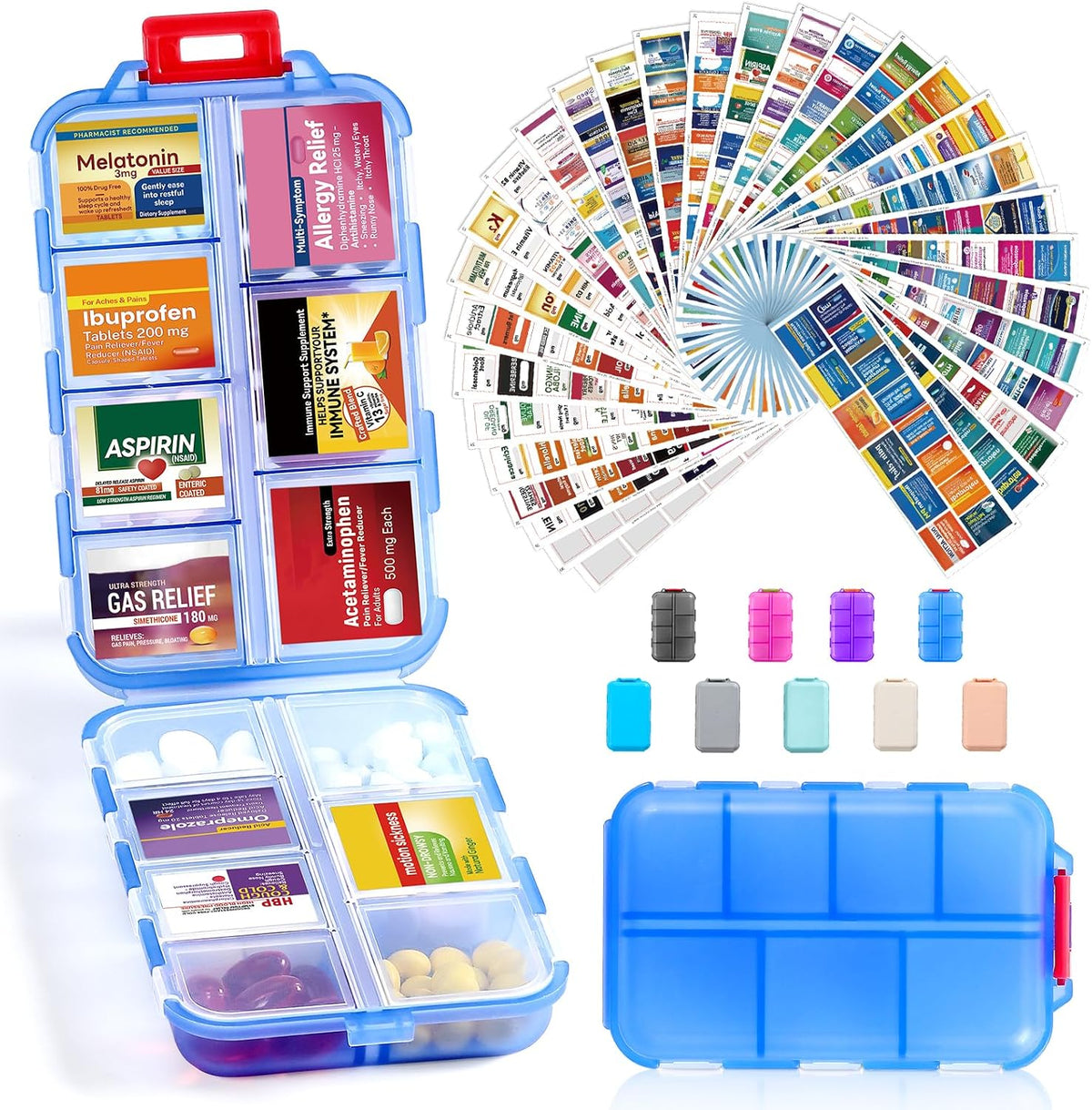 LANDNEOO 14 Grids Pill Organizer Box with Labels, Travel Medication Holder Dispenser Case Kit, Pocket Daily Pharmacy Container for Fish Oil Vitamin Supplement Storage, Khaki Pink Grey, 3 Pack