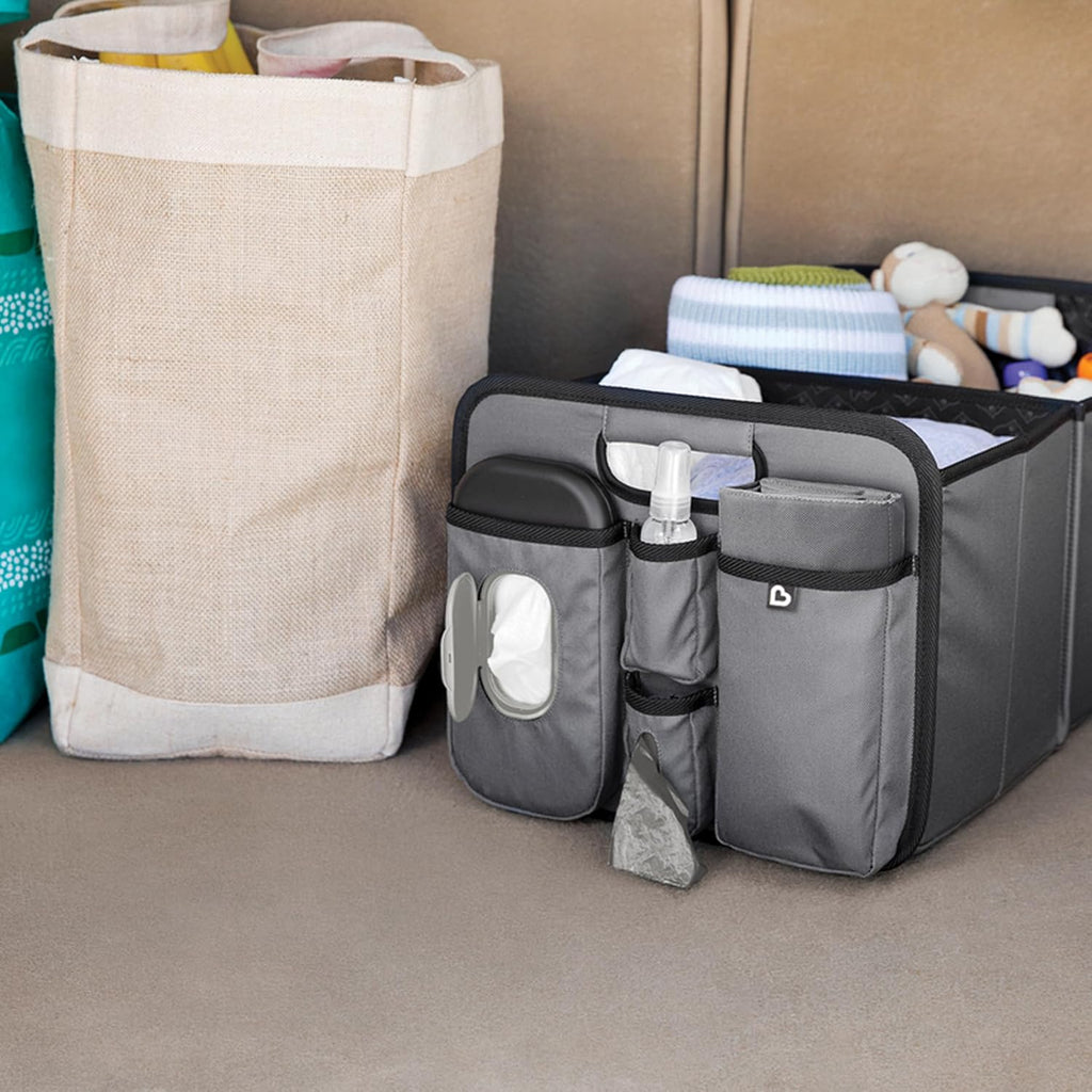 Munchkin Out-n-About Trunk Organizer for SUVs and Cars with Portable Changing Pad and Wet Baby Wipes for Diaper Changes On-the-Go, Collapsible, Grey