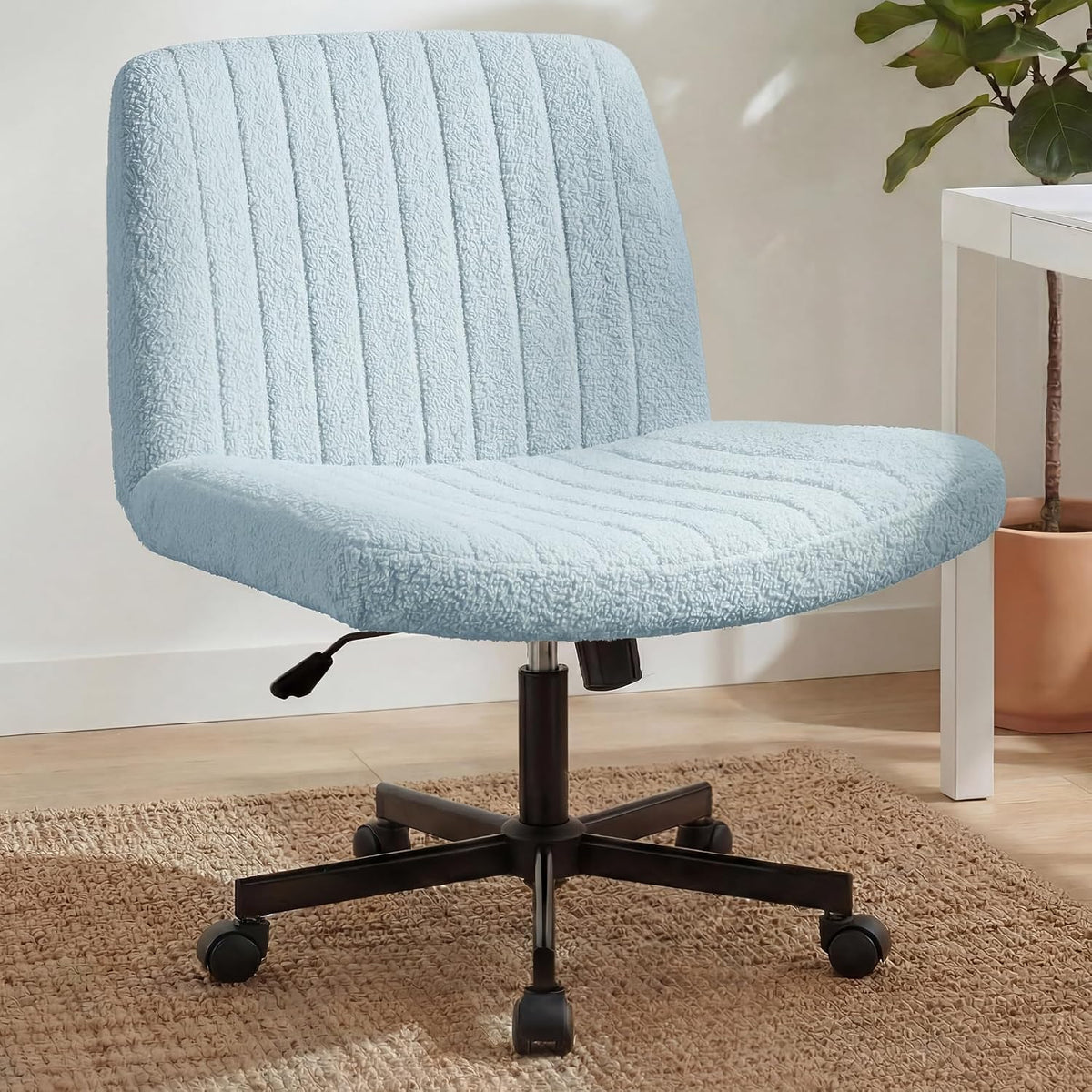 Orange Factory Criss Cross Chair, Wide Fabric Vanity Desk Seat, Beige Wheel