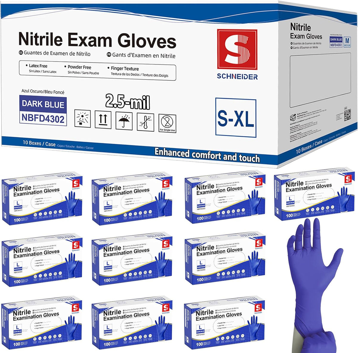 Schneider Medical Nitrile Exam Gloves, Powder & Latex Free, Darkblue