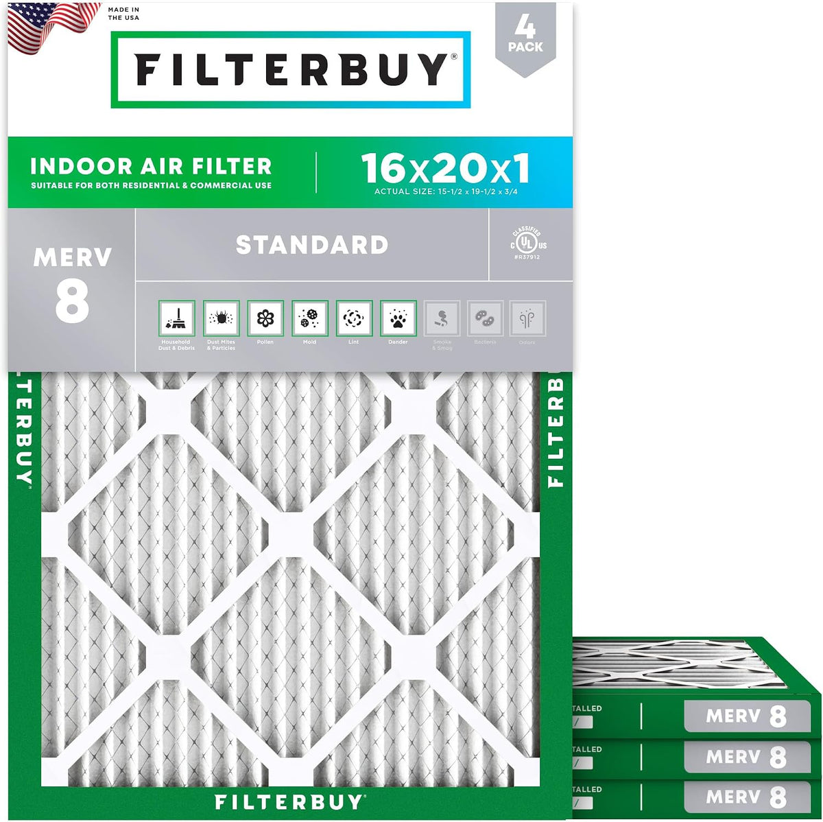 Filterbuy 16x20x1 Air Filter MERV 8 Dust & Allergy Defense (4-Pack)