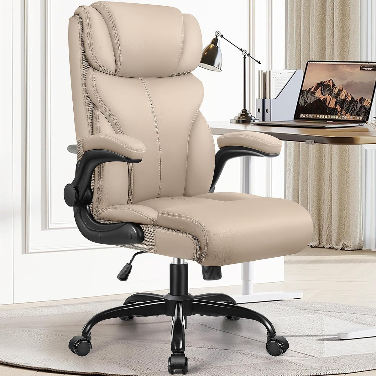 HeroSet Office Chair, Ergonomic Big and Tall Computer Desk Chairs, Executive Breathable Leather Chair with Adjustable Flip-up Armrests, Lumbar Support Swivel PC Chair with Rocking Function,Matte Black