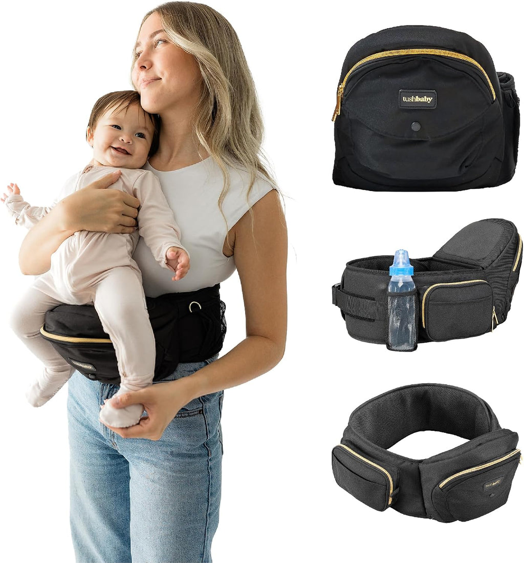 Tushbaby Original Hip Seat Baby Carrier for Babies & Toddlers up to 45 lbs, Safety Certified, Lightweight No-Foam Design with Storage, Black