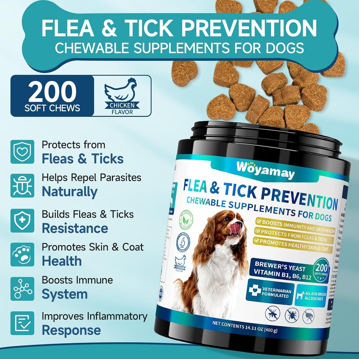 Woyamay Flea and Tick Prevention for Dogs, Dog Flea and Tick Treatment | Natural Flea Treatment Dogs Chews, Oral Flea Treatment for Dogs, Flea and Tick Chews for Dogs Puppies All Breeds, 200 Chews