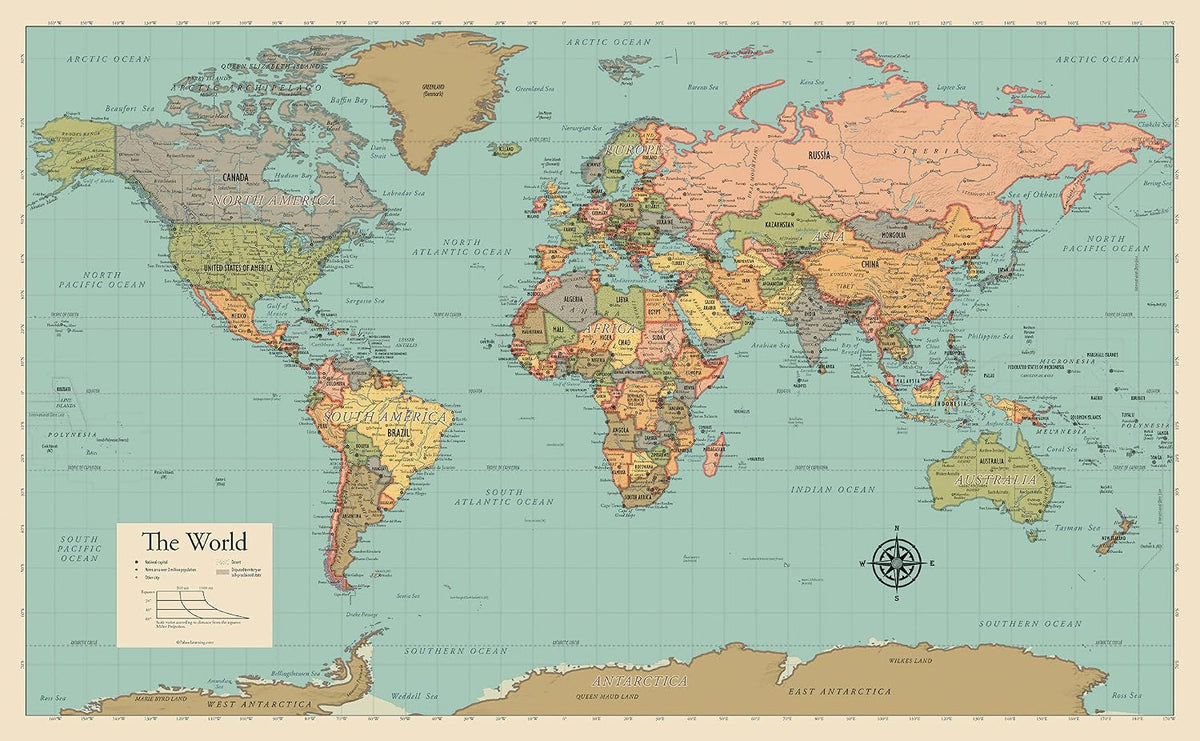 Laminated World Map Poster - Wall Chart Map of Earth - 18" x 29" (Blue)