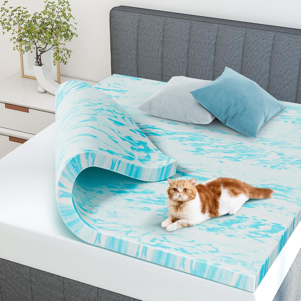 DUMOS Memory Foam Mattress Topper Queen, 2 Inch Thick Gel Infused Bed Toppers for Queen Size Bed, Soft Mattress Pads for Sleeper Sofa, RV, Camper, CertiPUR-US Certified, Blue