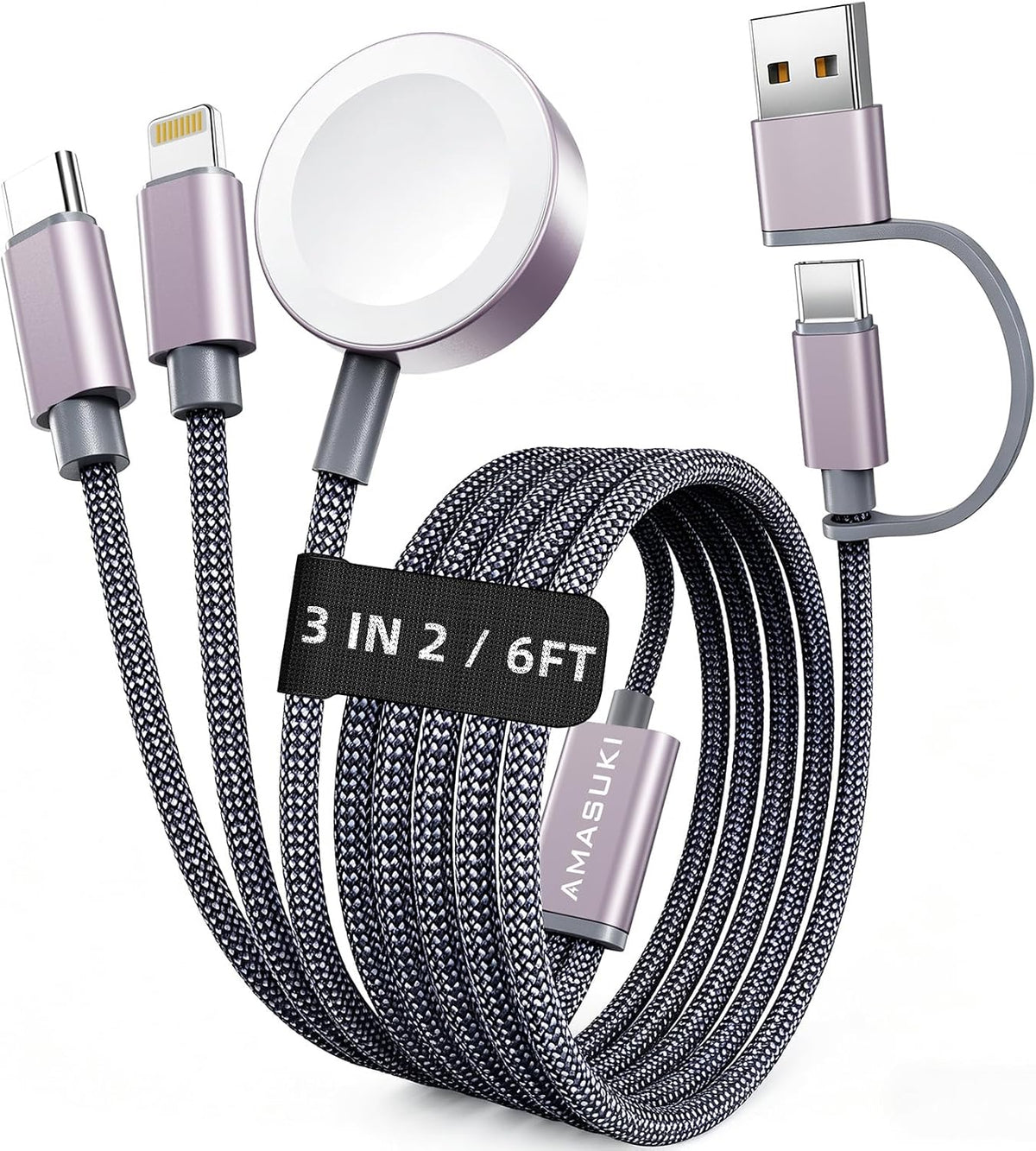 Travel Essentials,3 in 2 USB C Cable for Apple Watch Charger,iPhone Charger,Multi Charging Cable,Cruise Vacation Camping Essentials for iWatch Series 11-2/Ultra,iPhone 17-12,Car Accessories,Grey-6FT