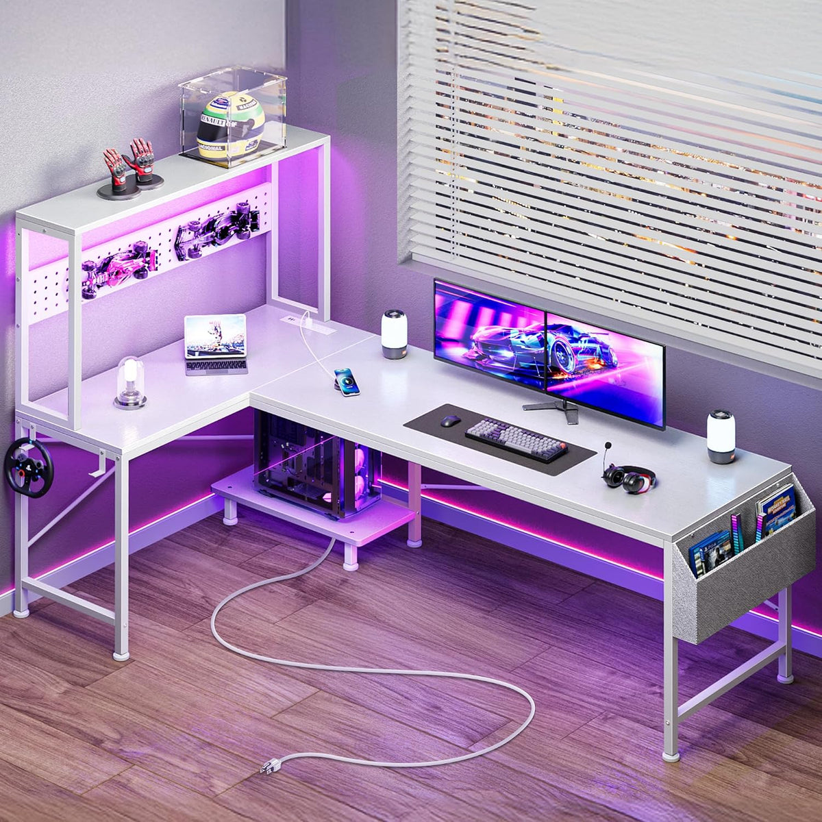 PRAISUN L Shaped Gaming Desk with LED Lights & Power Outlets