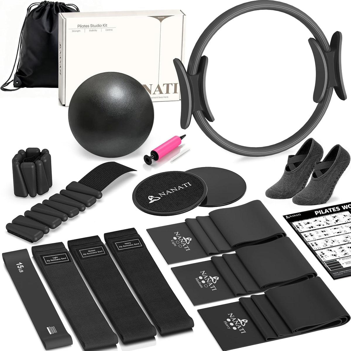 NANATI Pilates Kit, Home Pilates Workout Kit for Women, Pilates Equipment with 14.5"" Pilates Ring and Ball, Resistance Bands, Ankle Weights, Sliders & Grip Socks for Home Workouts