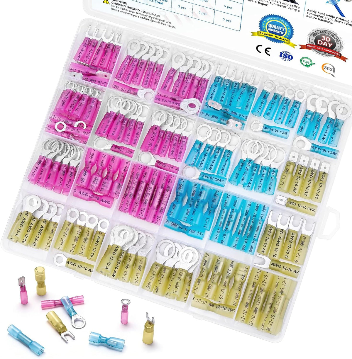 TICONN 120 Pcs Heat Shrink Wire Connectors, Marine Crimp Ring Terminal Kit