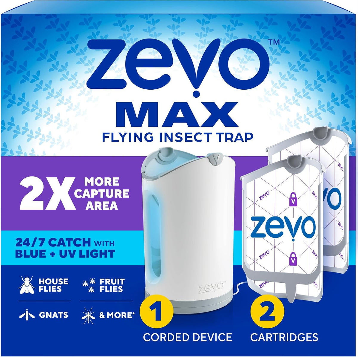 Zevo MAX Bug Catcher, Gnat & Fruit Fly Trap Indoors, 1 Base & 2 Refills