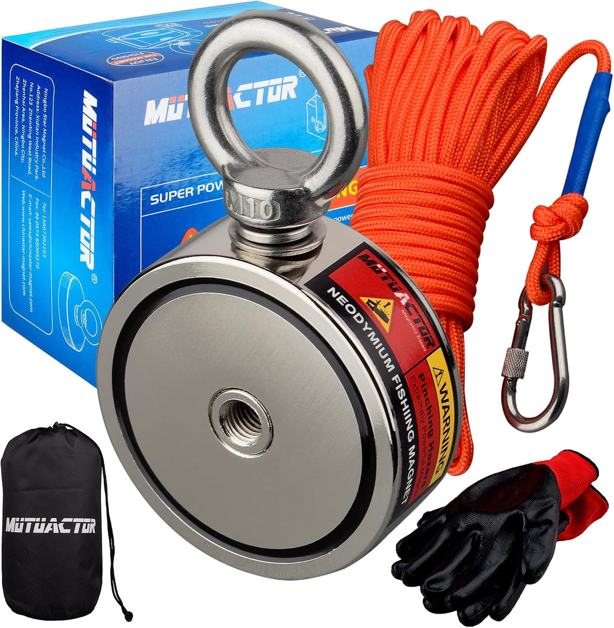 MUTUACTOR Magnet Fishing Kit,Φ2.36''Heavy Duty Neodymium N52 Magnet with 20m(64 Foot) Durable Rope,500lbs Pulling Force Permanent Strong Rare Earth Magnets for Lifting Objects Hunting Lost Treasures