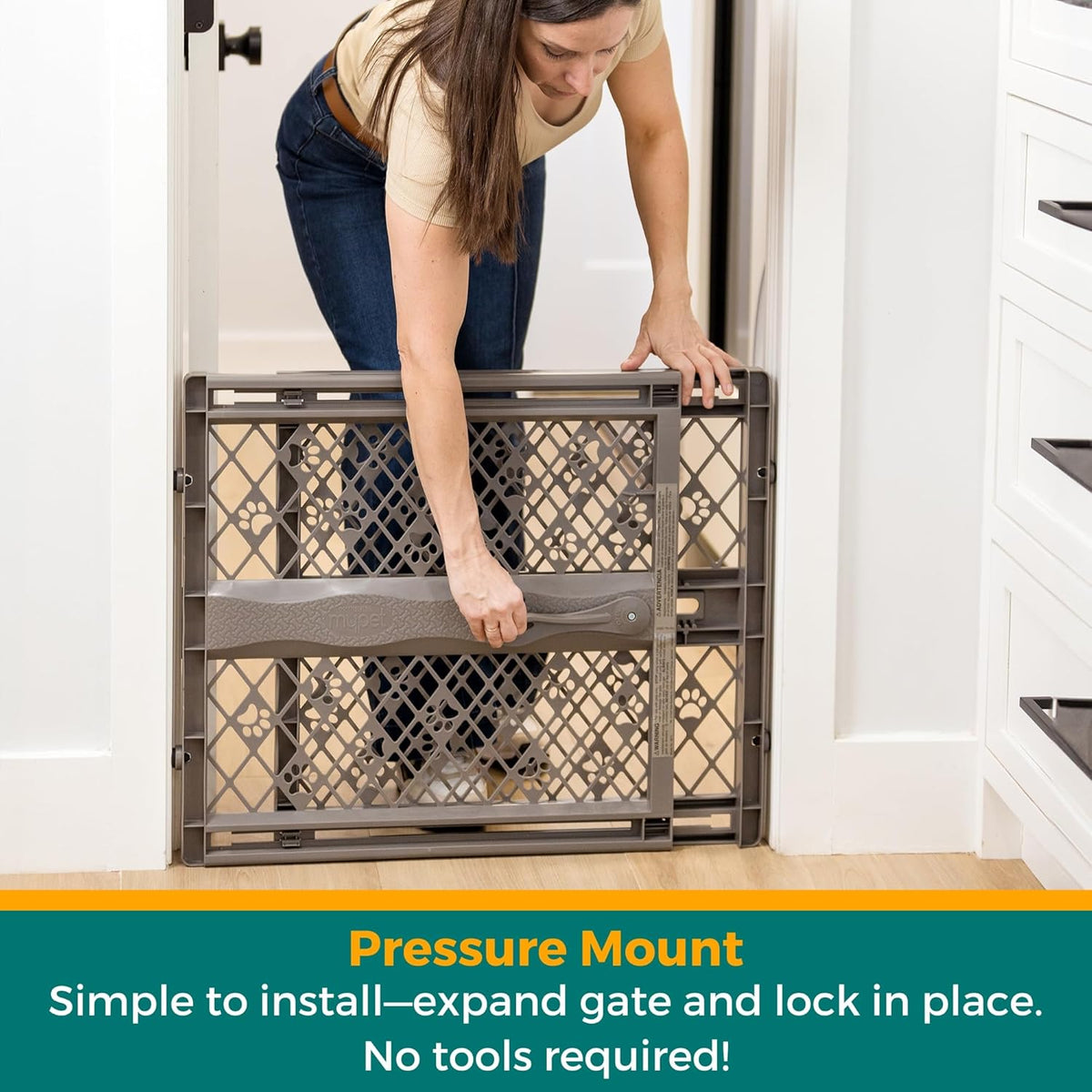 MYPET Paws Portable Pet Gate: 26-40" Wide Expandable, Pressure Mounted No Tools Needed, Durable Dog Gate for Doorways, Made in USA, 23" Tall, Fieldstone Gray