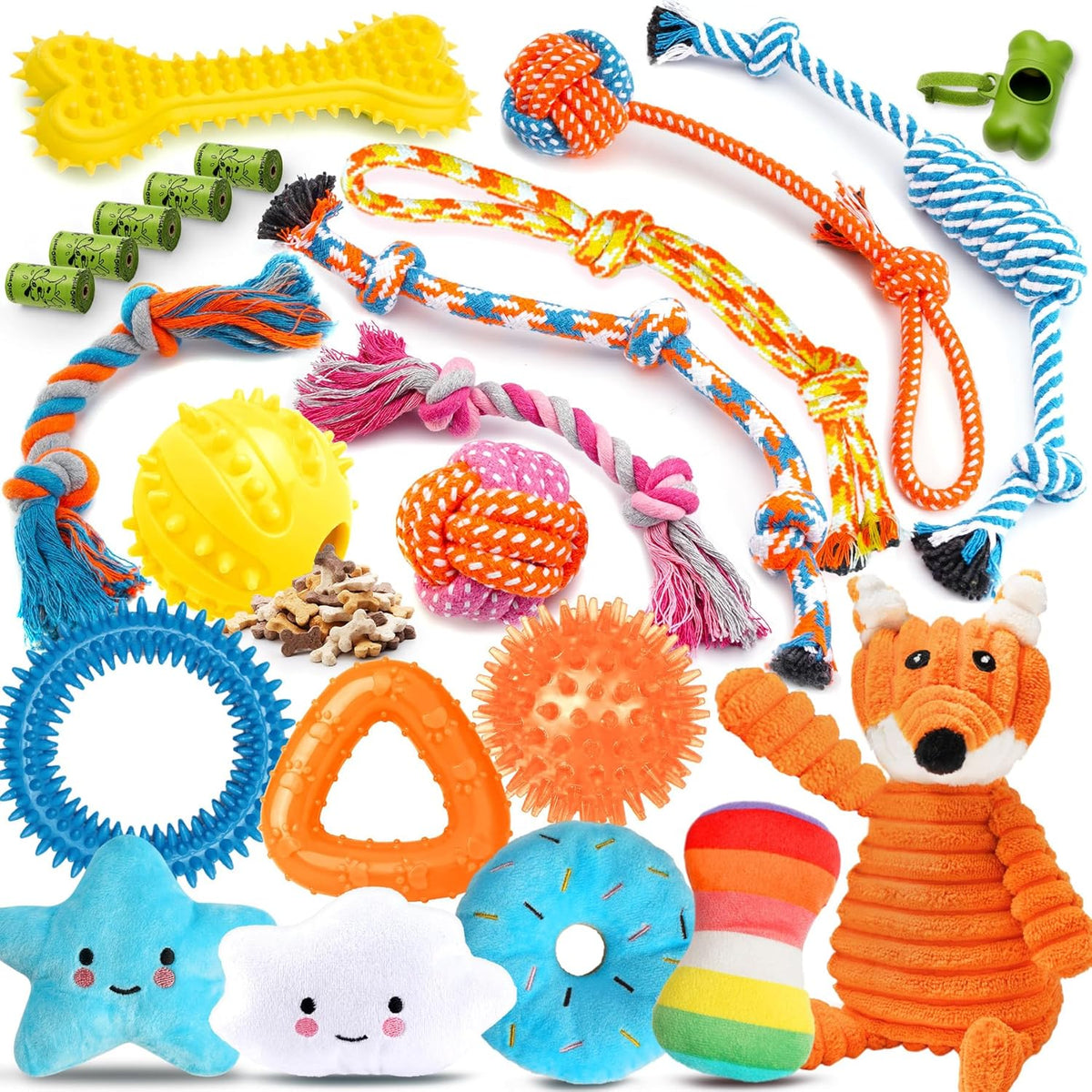 Zeaxuie 25 Pack Luxury Dog Chew Toys for Puppy, Dog Toys with Ropes, Treat Ball and Squeaky Puppy Toys for Teething Small Dogs