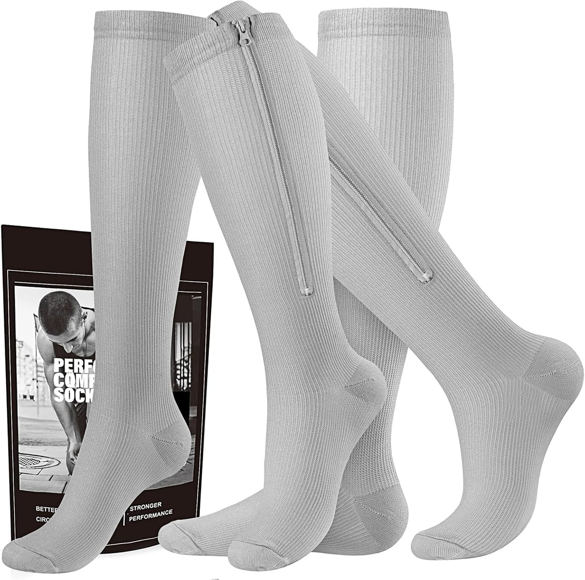 cerpite Zipper Compression Socks, 2 Pairs 15-20 mmHg Closed Toe Compression Stockings for Men Women